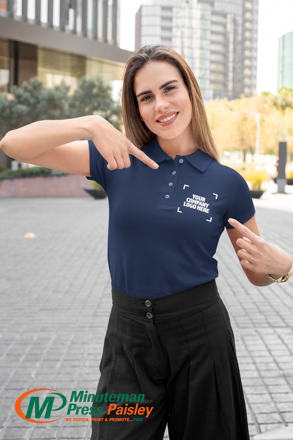 Mockup Of A Woman Pointing At Her Polo Shirt 33543
